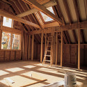 Interior of a rough framed house during construction