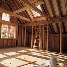 Interior of a rough framed house during construction