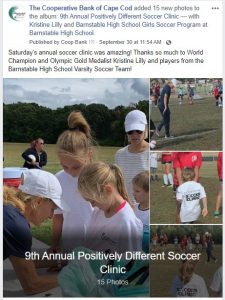 Olympic Gold Medalist Kristine Lilly taught about 100 children at our 9th Annual Positively Different Soccer Clinic in September.