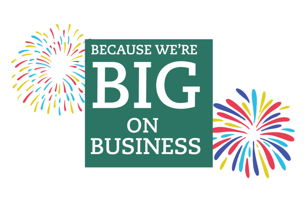 We're BIG on Business logo with multicolor fireworks