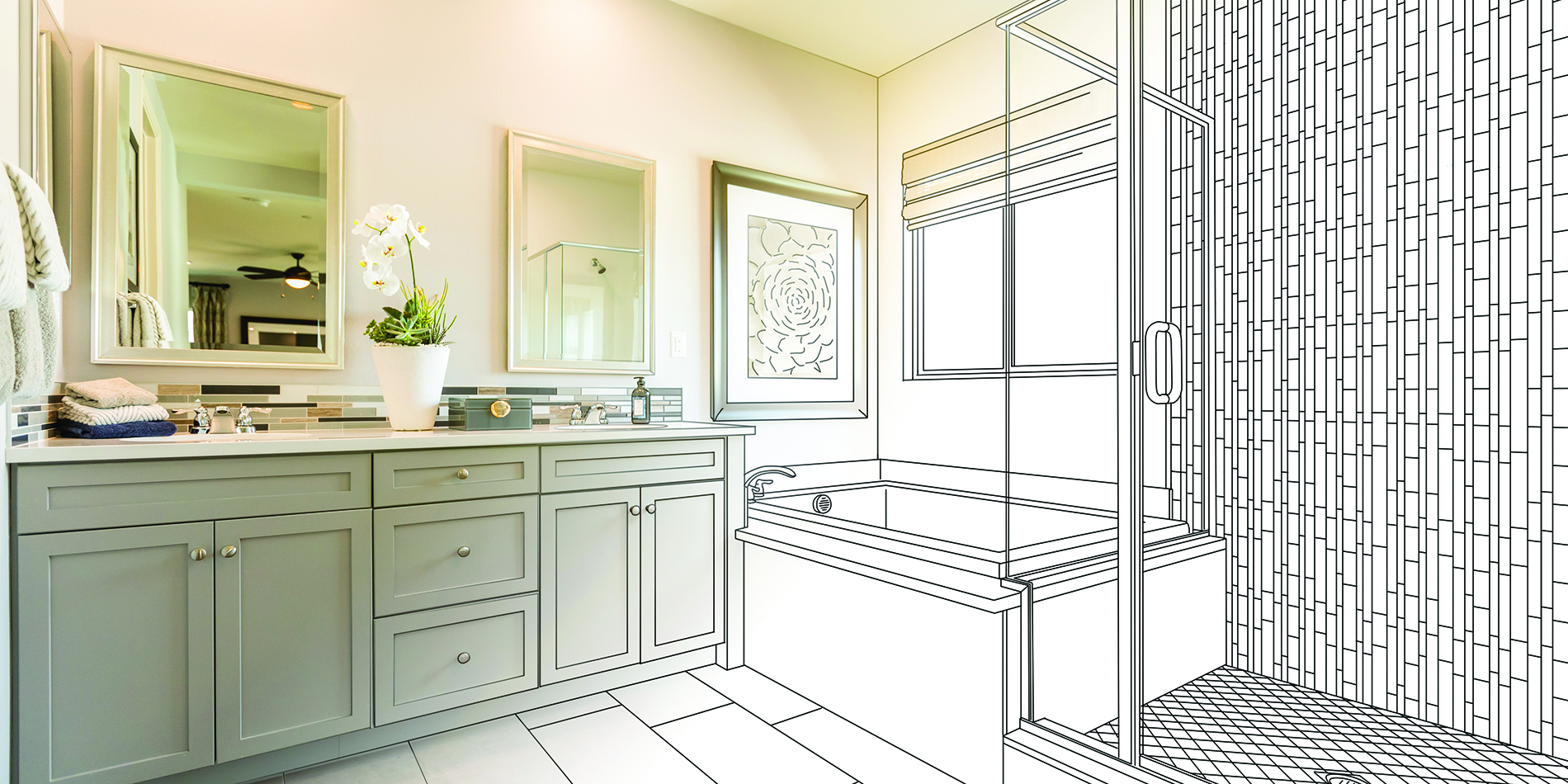 Custom Master Bathroom Design Drawing with Cross Section of Finished Photo.