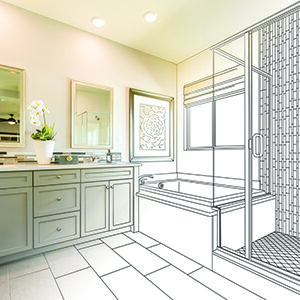 Custom Master Bathroom Design Drawing with Cross Section of Finished Photo.