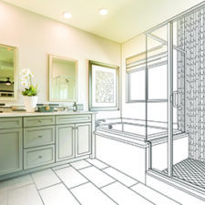 Custom Master Bathroom Design Drawing with Cross Section of Finished Photo.