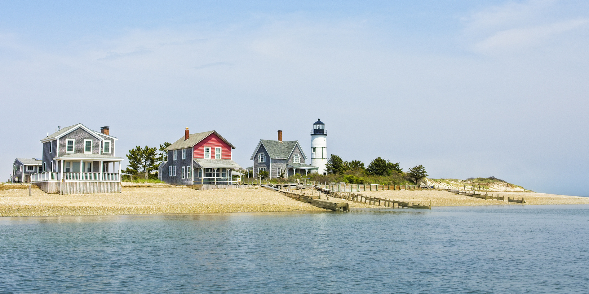 View of Sandy Neck Lighthouse from the harbor in Barnstable