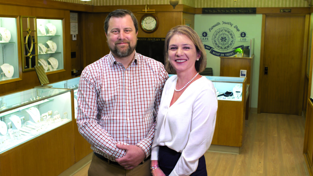 Stephen and Neda Sullivan stand in Falmouth Jewelry Shop in Falmouth