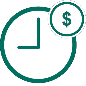 green graphic icon of clock with dollar sign